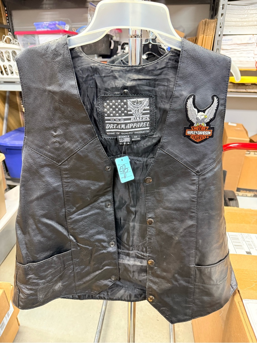 Men’s Black Leather Biker Vest - with Harley Davidson Eagle Patch and Flag with
